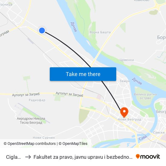 Ciglana to Fakultet za pravo, javnu upravu i bezbednost map