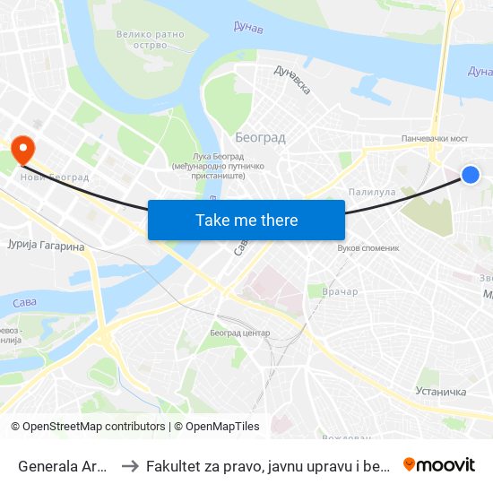 Generala Aračića to Fakultet za pravo, javnu upravu i bezbednost map