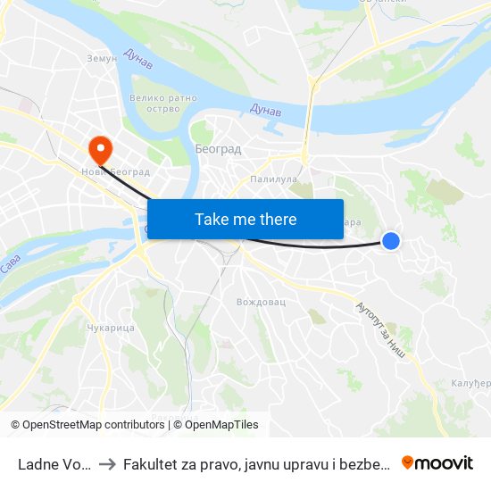 Ladne Vode to Fakultet za pravo, javnu upravu i bezbednost map