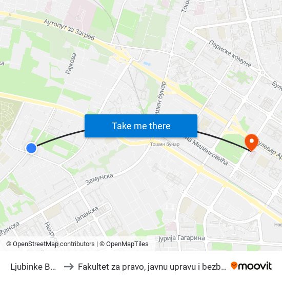 Ljubinke Bobić to Fakultet za pravo, javnu upravu i bezbednost map