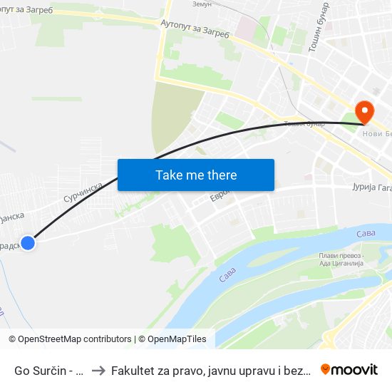 Go Surčin - Ulaz to Fakultet za pravo, javnu upravu i bezbednost map