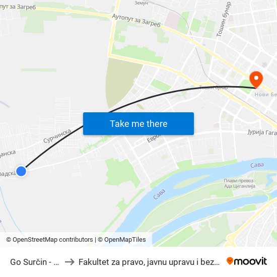 Go Surčin - Ulaz to Fakultet za pravo, javnu upravu i bezbednost map