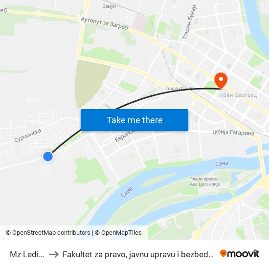 Mz Ledine to Fakultet za pravo, javnu upravu i bezbednost map