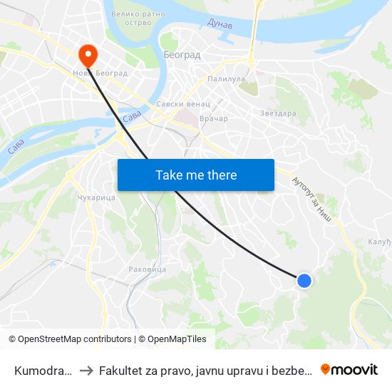 Kumodraž 1 to Fakultet za pravo, javnu upravu i bezbednost map