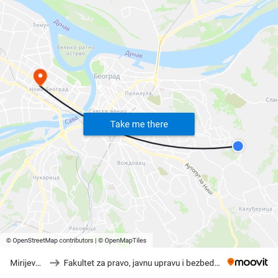 Mirijevo 4 to Fakultet za pravo, javnu upravu i bezbednost map