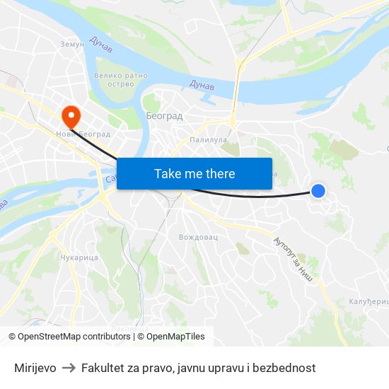 Mirijevo to Fakultet za pravo, javnu upravu i bezbednost map