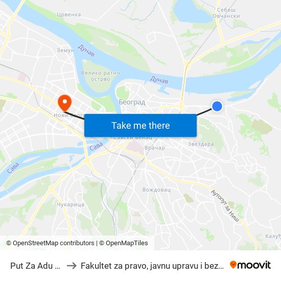 Put Za Adu Huju to Fakultet za pravo, javnu upravu i bezbednost map