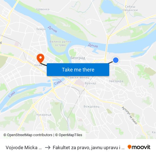 Vojvode Micka Krstića to Fakultet za pravo, javnu upravu i bezbednost map