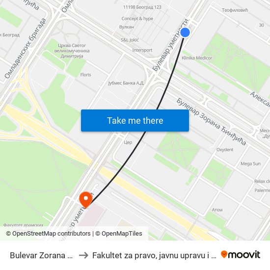 Bulevar Zorana Đinđića to Fakultet za pravo, javnu upravu i bezbednost map