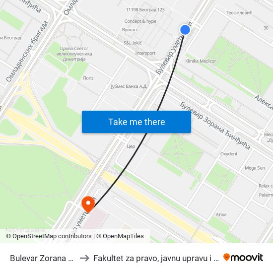 Bulevar Zorana Đinđića to Fakultet za pravo, javnu upravu i bezbednost map