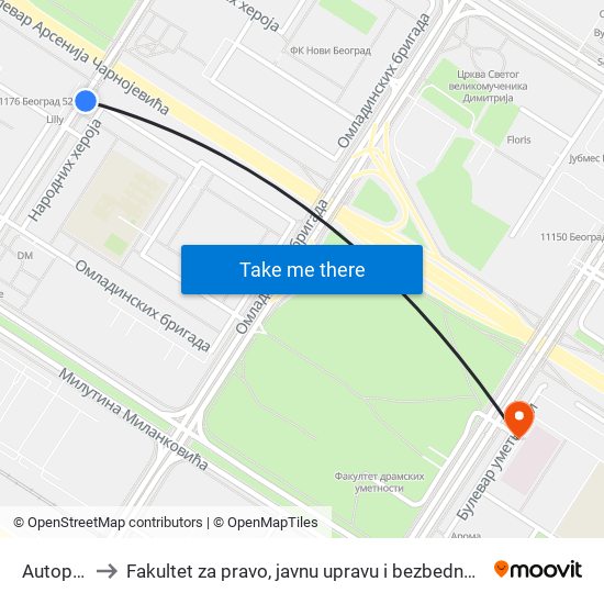 Autoput to Fakultet za pravo, javnu upravu i bezbednost map