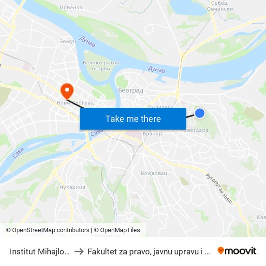 Institut Mihajlo Pupin to Fakultet za pravo, javnu upravu i bezbednost map