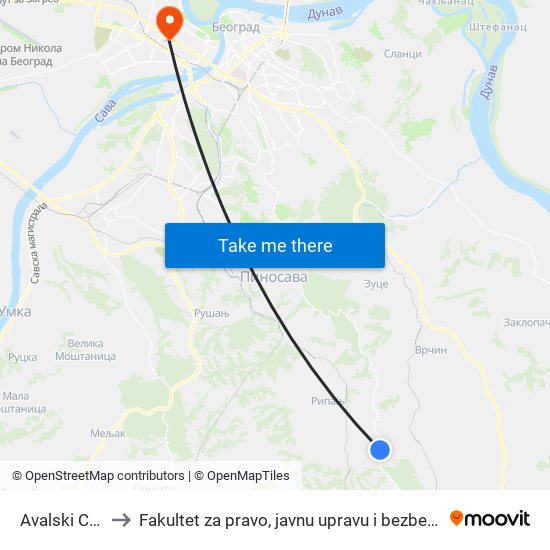 Avalski Cvet to Fakultet za pravo, javnu upravu i bezbednost map