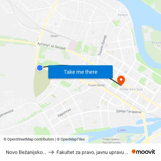 Novo Bežanijsko Groblje to Fakultet za pravo, javnu upravu i bezbednost map