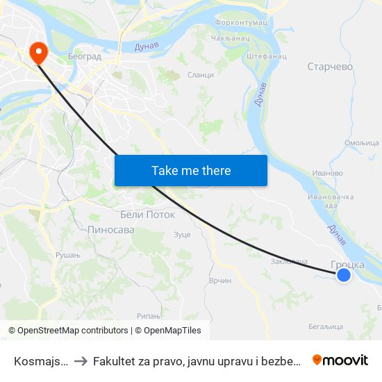 Kosmajska to Fakultet za pravo, javnu upravu i bezbednost map