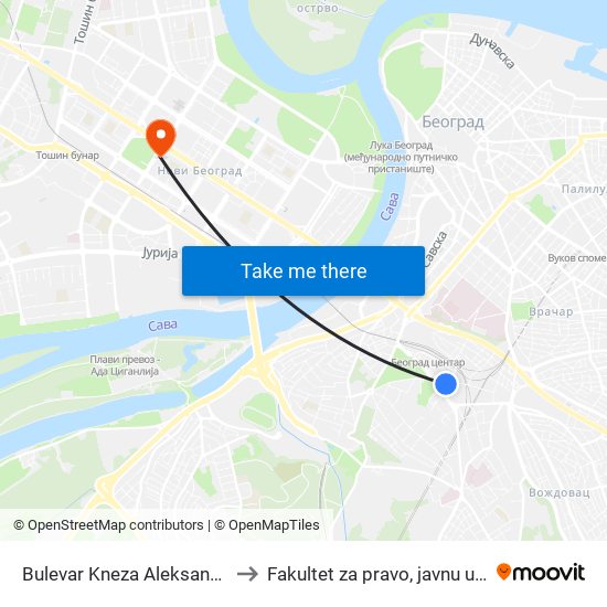 Bulevar Kneza Aleksandra Karađorđevića to Fakultet za pravo, javnu upravu i bezbednost map