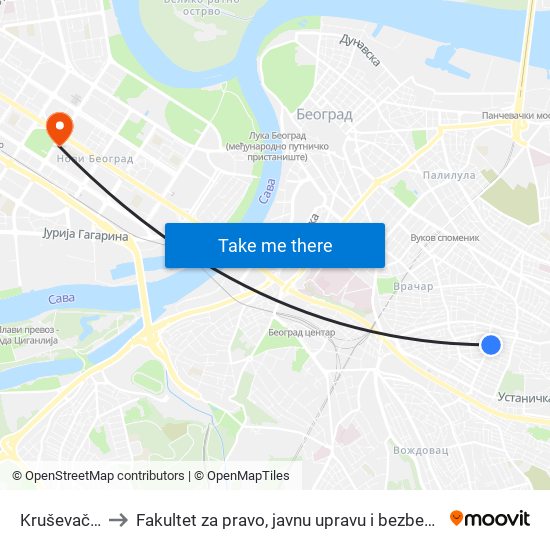 Kruševačka to Fakultet za pravo, javnu upravu i bezbednost map