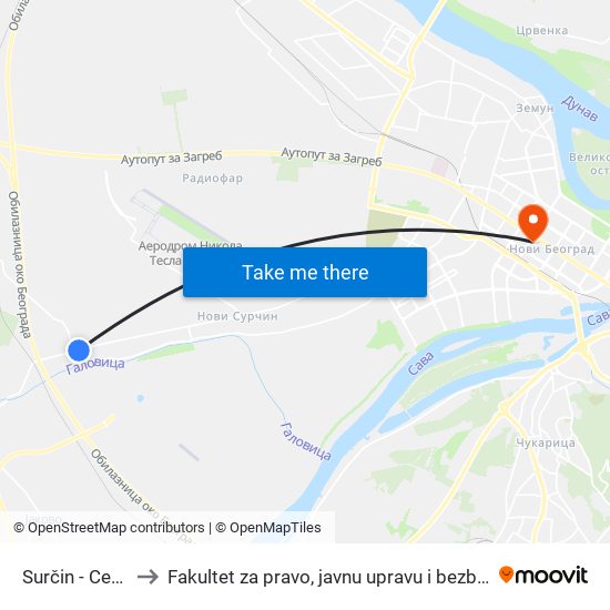 Surčin - Centar to Fakultet za pravo, javnu upravu i bezbednost map