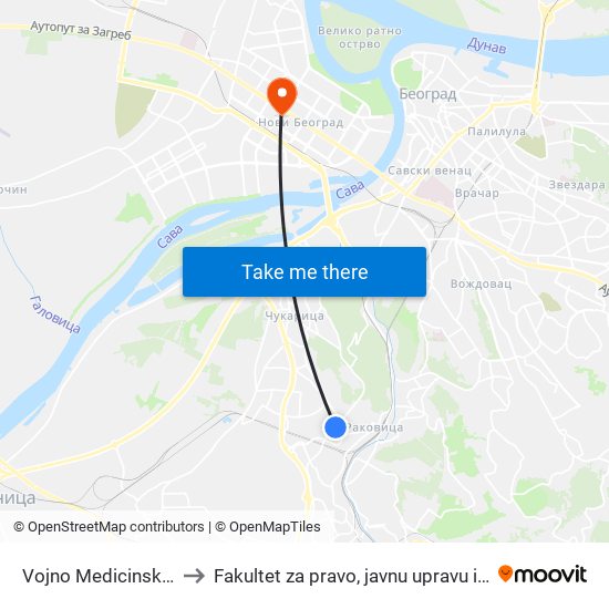 Vojno Medicinski Centar to Fakultet za pravo, javnu upravu i bezbednost map