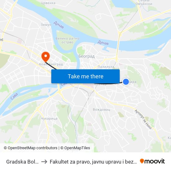 Gradska Bolnica to Fakultet za pravo, javnu upravu i bezbednost map