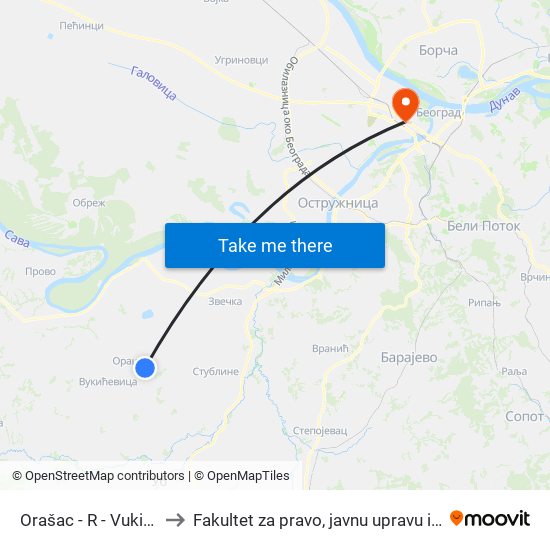 Orašac - R - Vukina Kuća to Fakultet za pravo, javnu upravu i bezbednost map