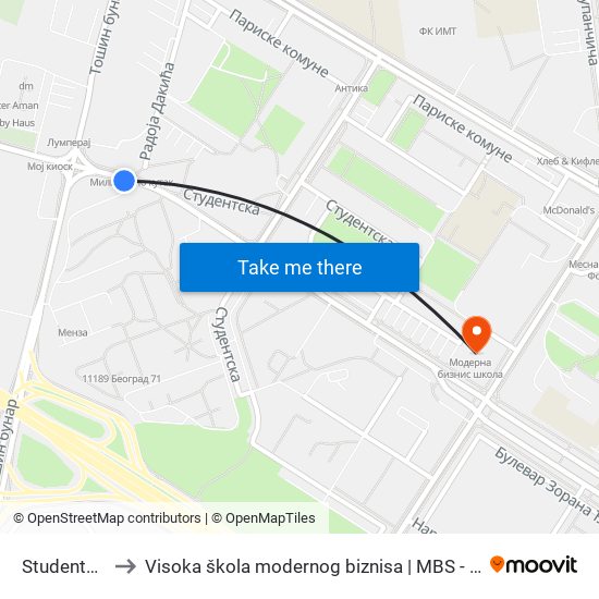 Studentski Grad to Visoka škola modernog biznisa | MBS - Modern Business School map