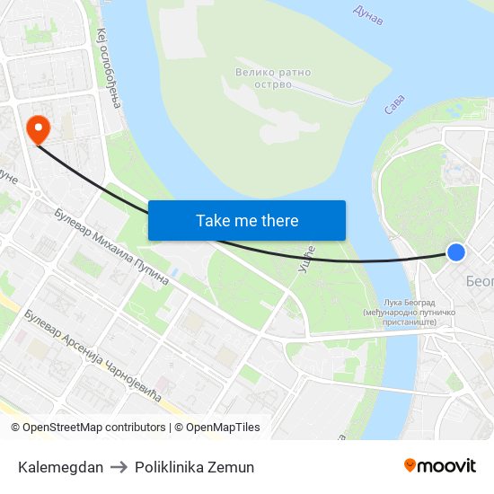 Kalemegdan to Poliklinika Zemun map