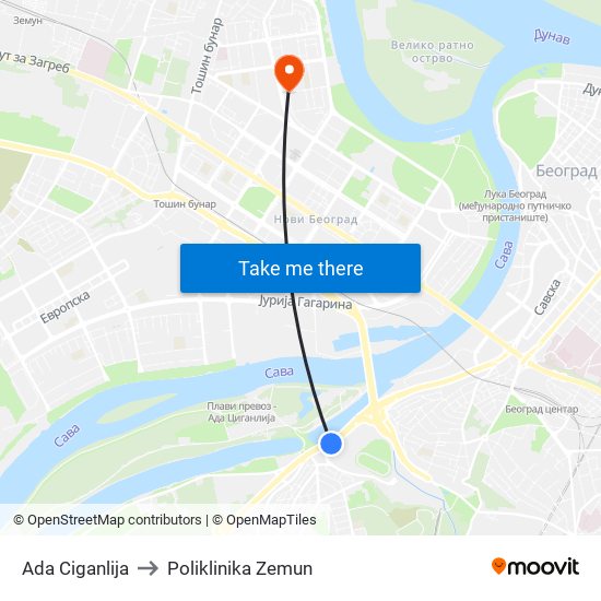 Ada Ciganlija to Poliklinika Zemun map
