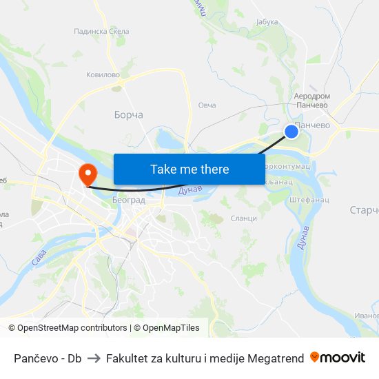 Pančevo - Db to Fakultet za kulturu i medije Megatrend map