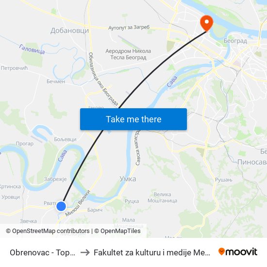 Obrenovac - Topolice to Fakultet za kulturu i medije Megatrend map