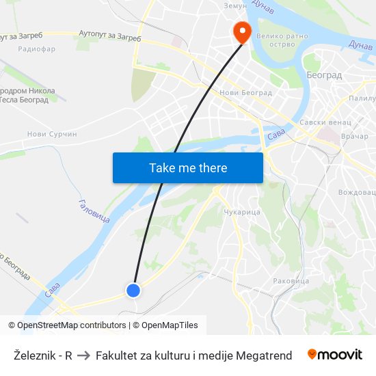 Železnik - R to Fakultet za kulturu i medije Megatrend map