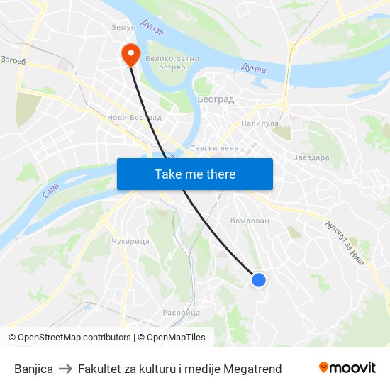 Banjica to Fakultet za kulturu i medije Megatrend map