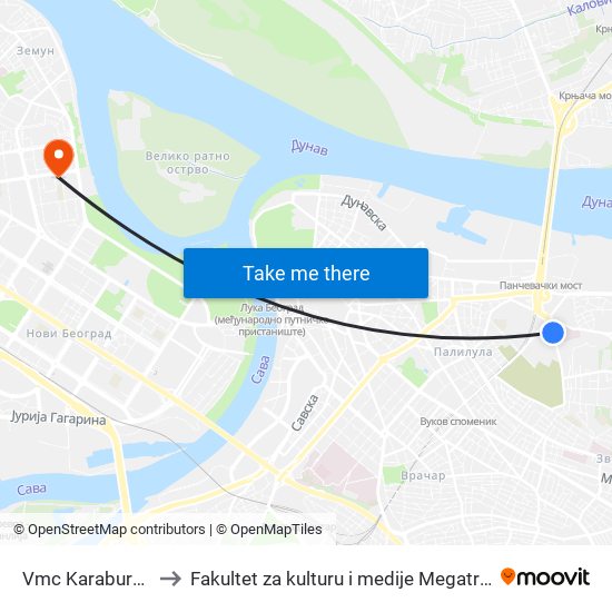 Vmc Karaburma to Fakultet za kulturu i medije Megatrend map