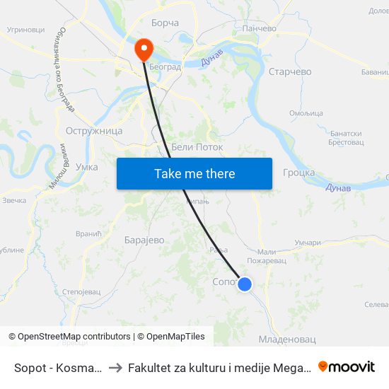 Sopot - Kosmajski to Fakultet za kulturu i medije Megatrend map