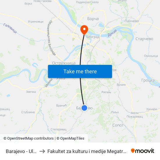 Barajevo - Ulaz to Fakultet za kulturu i medije Megatrend map