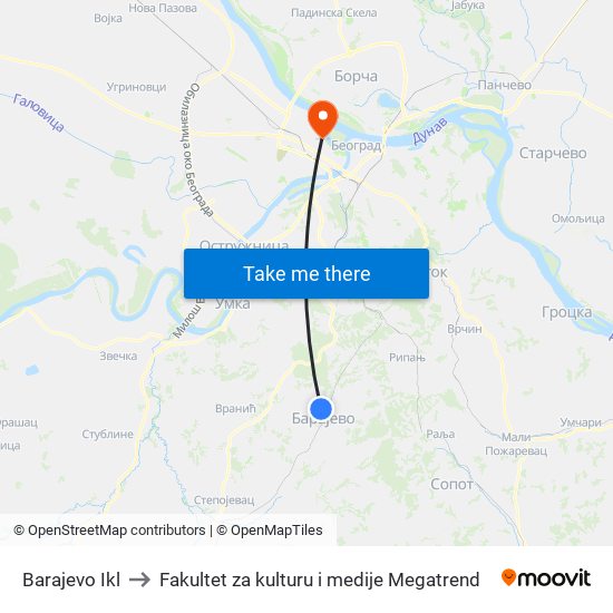 Barajevo Ikl to Fakultet za kulturu i medije Megatrend map