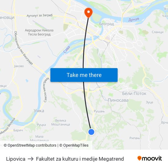 Lipovica to Fakultet za kulturu i medije Megatrend map