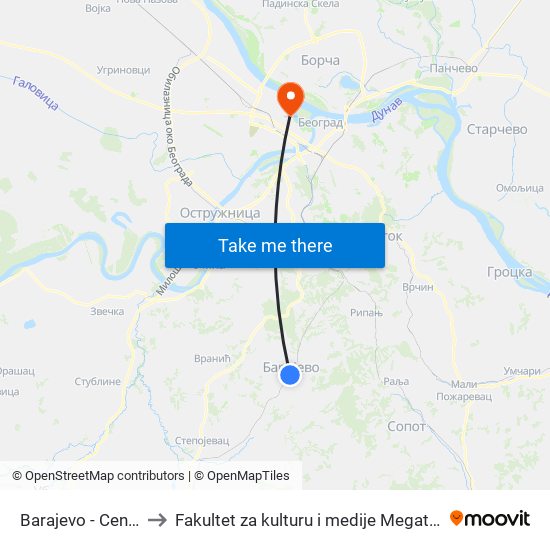 Barajevo - Centar to Fakultet za kulturu i medije Megatrend map