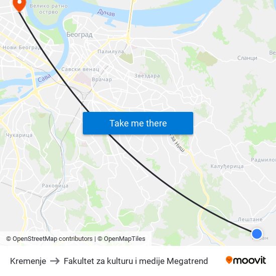 Kremenje to Fakultet za kulturu i medije Megatrend map