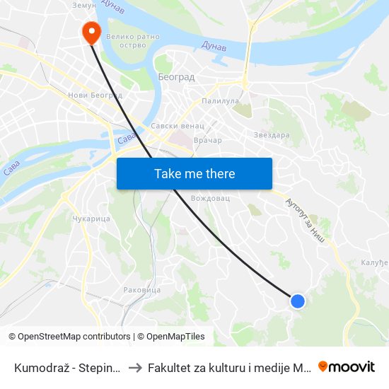 Kumodraž - Stepina Kuća to Fakultet za kulturu i medije Megatrend map