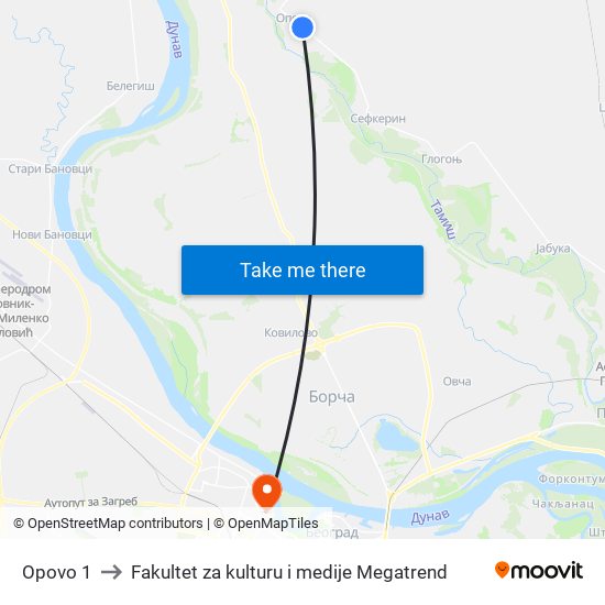 Opovo 1 to Fakultet za kulturu i medije Megatrend map