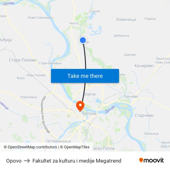 Opovo to Fakultet za kulturu i medije Megatrend map