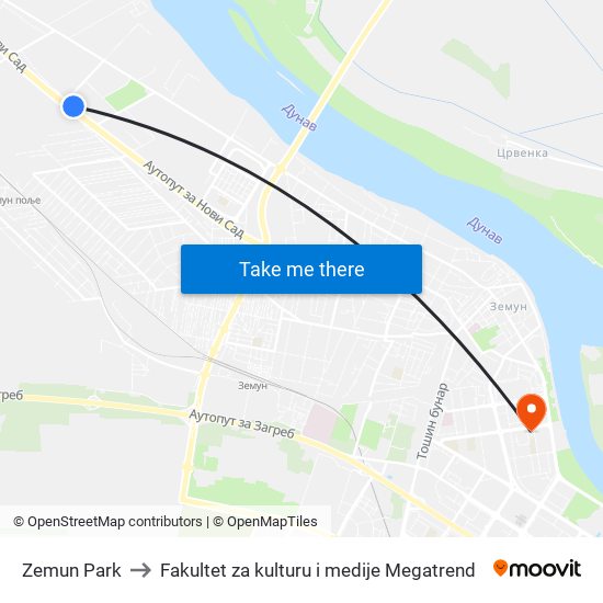 Zemun Park to Fakultet za kulturu i medije Megatrend map