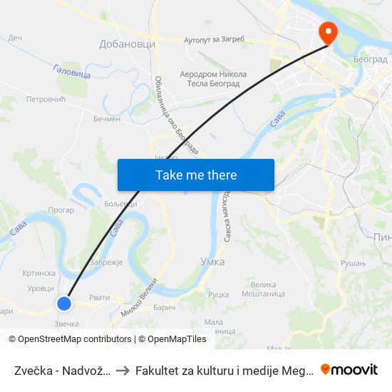 Zvečka - Nadvožnjak to Fakultet za kulturu i medije Megatrend map