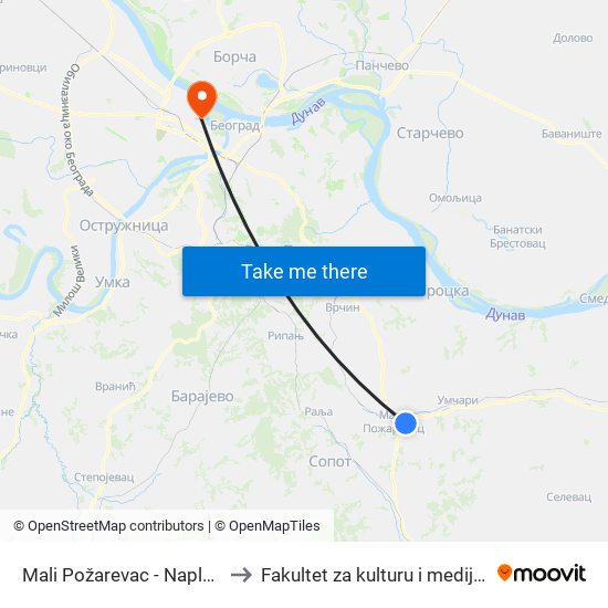 Mali Požarevac - Naplatna Rampa to Fakultet za kulturu i medije Megatrend map