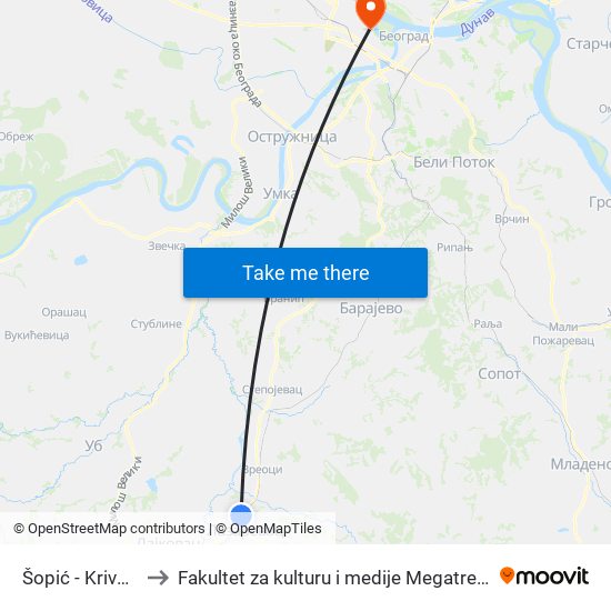 Šopić - Krivaja to Fakultet za kulturu i medije Megatrend map