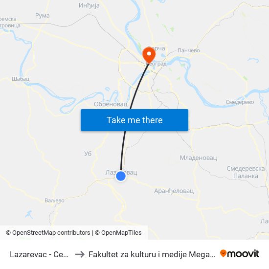 Lazarevac - Centar to Fakultet za kulturu i medije Megatrend map