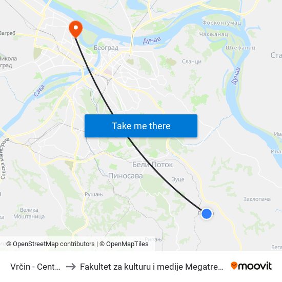 Vrčin - Centar to Fakultet za kulturu i medije Megatrend map