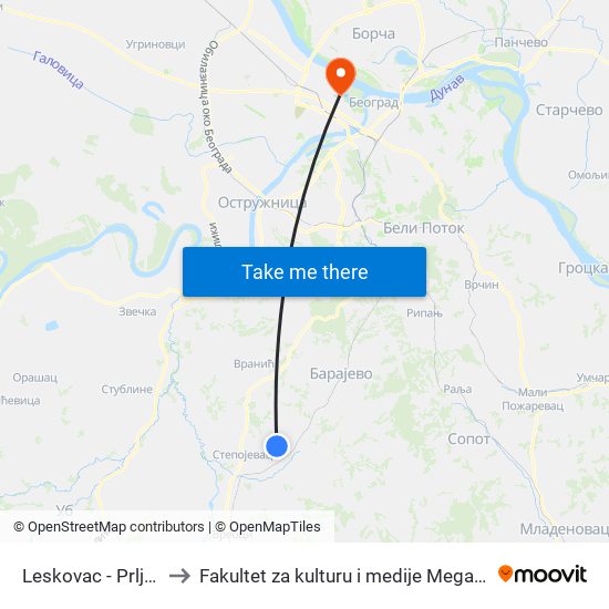Leskovac - Prljuša to Fakultet za kulturu i medije Megatrend map