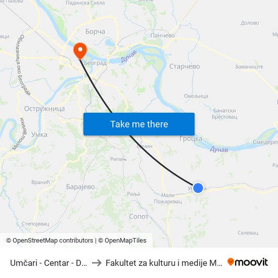 Umčari - Centar - Dolazna to Fakultet za kulturu i medije Megatrend map